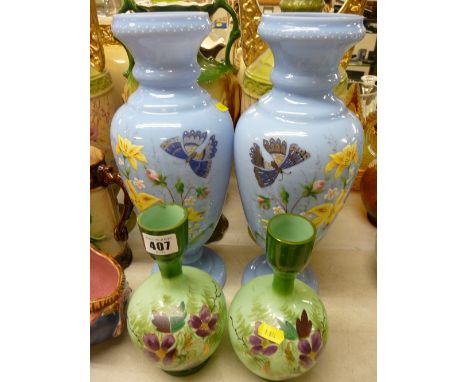 Pair of Victorian enamel decorated milk glass vases along with a smaller floral painted pair