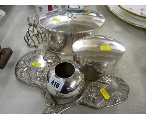 Oval Sheffield plate biscuit box, a similar lidded tea caddy and other plated and white metal ware