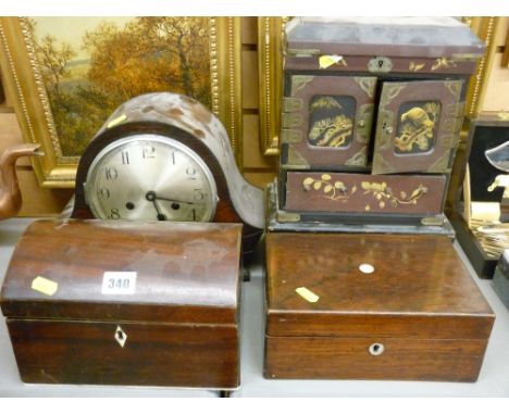 Vintage mantel clock, a dome topped box and one other and an Oriental lacquerwork table cabinet on stand