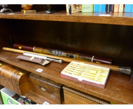 Approx 2ft long didgeridoo, white metal handled cane, telescope etc