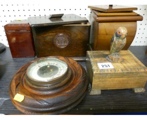 Parcel of treen ware including barometer, tea caddies etc