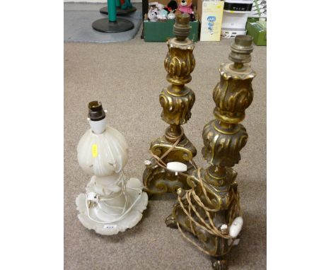Carved alabaster table lamp and two vintage style gilt decorated composition lamps