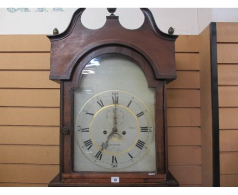 Circa 1820 arched dial mahogany longcase clock, Ilminster maker (pendulum, weights and key included, 227 cms high