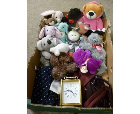 Quantity of Beanie and other soft toys, a Smiths brass cased carriage clock (modern) etc