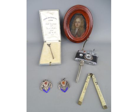 Miniature portrait on copper of a period gent, a miniature camera on stand table lighter and E Preston &amp; Sons rule, two s