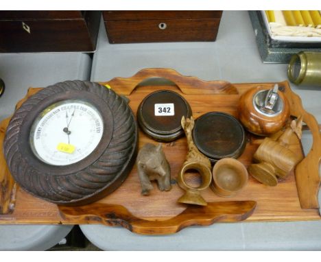 Wooden tray and contents including a wooden framed barometer, a carved wooden bear and other items of treen