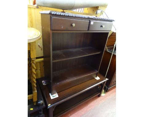 Polished wood and inlaid two tier coffee table and a carved edge two drawer, two shelf console table