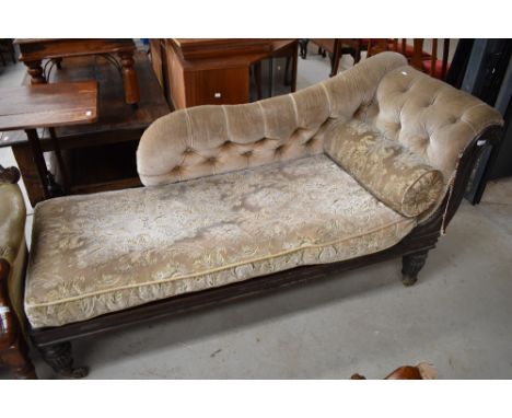 A 19th Century mahogany chaise longue having dralon button upholstery and later removable seat cushion