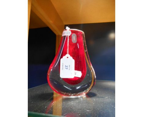 A Whitefriars ruby glass vase of pear drop form, with original label