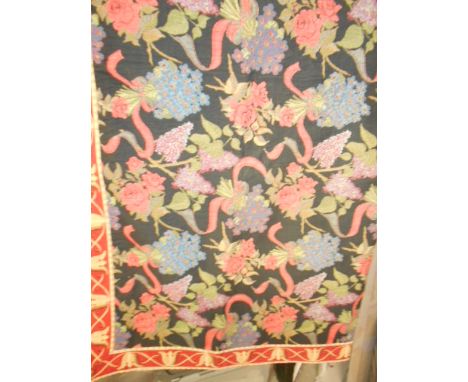A large 20th C French wall hung tapestry decorated with flowers, leaves and ribbons