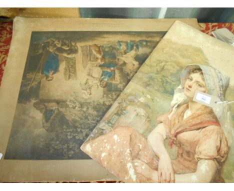 An unframed 19thC watercolour on card portrait of a lady along with an 18thC hand coloured engraving titled 'Cottagers'  Engr