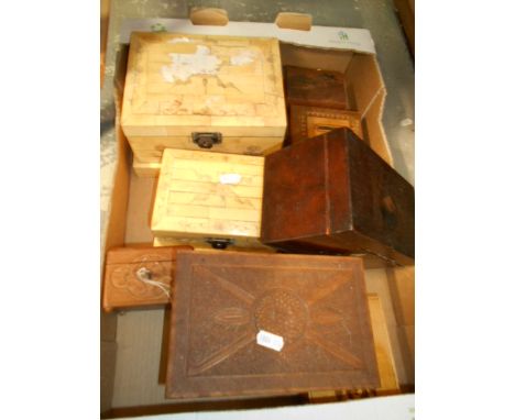 A Georgian inlaid mahogany tea caddy, a floral carved card box, two faux bone Chinese caskets plus other items