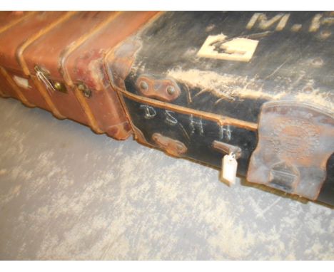 A Webb & Son leather steamer trunk together with a wooden bound steamer trunk