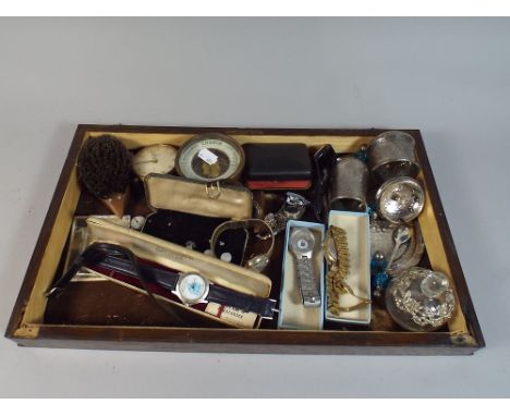 A Collection of Curios to Include Mother of Pearl Studs, England Wrist Watch, Barometer, Alarm Clock, Pewter Wares, Costume J