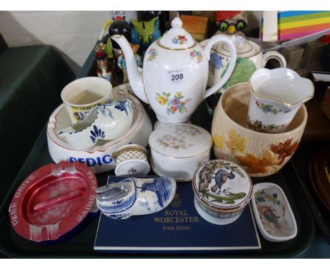 A Tray of Ceramics to Include Coffee Pot, Delft Table Lighter, Enamel Box, Royal Worcester Trinket Dishes 