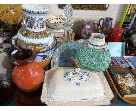 A Tray of Decorated Ceramics to Include Oriental Vase, Sylvac Bowl, Poole Vase Etc 