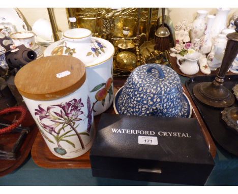 A Blue and White Cheese Dish, Waterford Crystal Napkin Rings, Portmeirion Storage Jar and Royal Worcester Evesham Lidded Pot 
