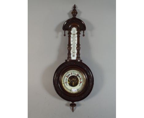 A Late Victorian Mahogany Framed Wheel Aneroid Barometer with Temperature Scale, 54cm Wide