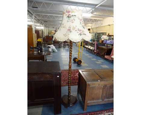 An Edwardian Oak Barley Twist Standard Lamp and Shade