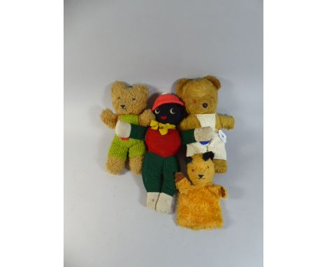 A Collection of Vintage Toys to Include Sooty Hand Puppet, Musical Teddy, Plush Teddy and Golly 