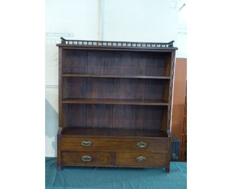 A Good Quality Edwardian Oak Three Shelf Book Case with Base Section Having Hinged Drop Door to Storage Section and Two Drawe