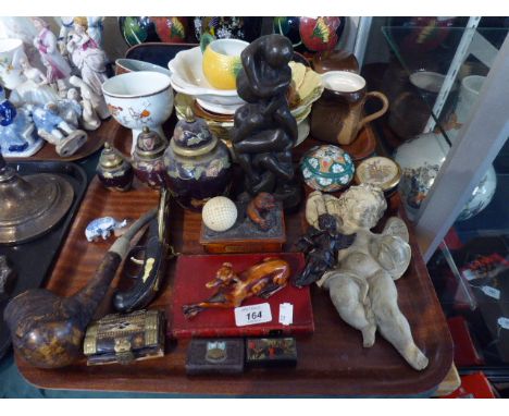 A Tray of Curios to Include Enamelled Lidded Vases, Snuff Boxes, Grey Hound Figure, Golf Ball Box Etc