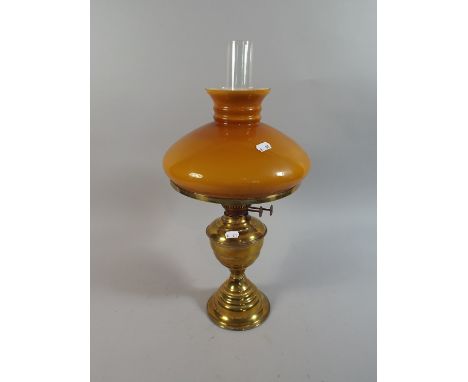 An Edwardian Brass Oil Lamp with Coloured Glass Shade and Chimney  