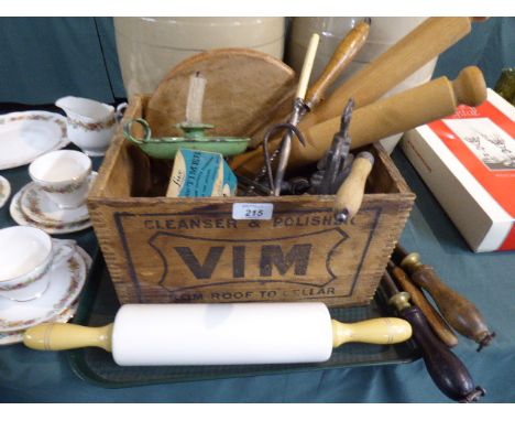 A Tray of Vintage Kitchen Wares to Include Ceramic and Wooden Rolling Pins, Sharpening Steels, Mincer, Bread Board Etc