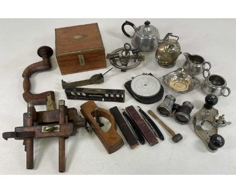 A small group of tools, also several pieces of silver plate, pair of opera glasses, etc.