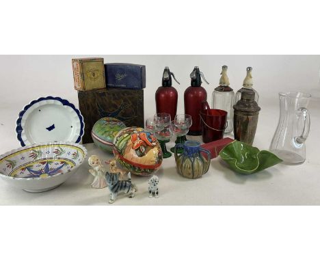 A quantity of collectors' items including four soda siphon, cocktail items, vintage tin and others.