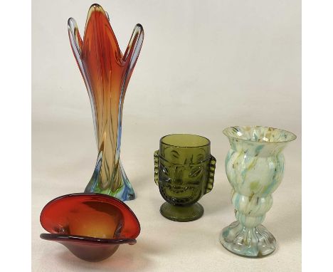 A Murano vase of twisted form in blue, orange and green, height 40cm, with a Murano glass clam bowl in orange with two bases,