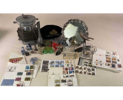 A collectors' lot, to include a replica ship's light, first day issues, a Wade resin collie dog and a RNVR officer's cap.