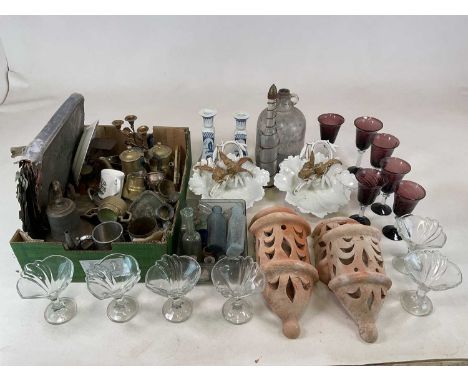 A collectors' lot comprising various glassware, pharmacy bottles, pewter, brass, postal scales, postcard album, various ceram