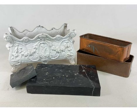 An ornate cast metal garden plant trough, height 28cm, width 48cm, depth 27cm, together with two copper troughs, a large slab