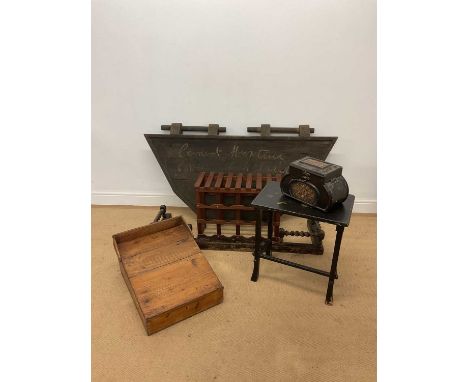 A group of furniture comprising an Aesthetic Movement side table, a clerk's pine writing desk, Oriental wooden box, teak wine