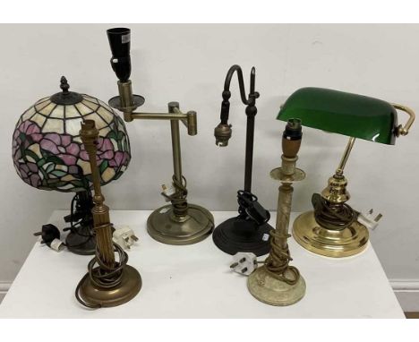 A table lamp with Tiffany style shade, height 50cm, with other table and desk lamps, all with various metal bases (6).Conditi