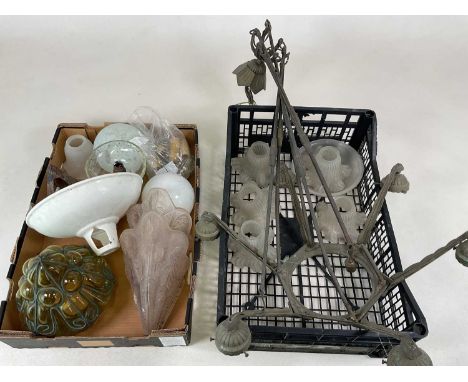 A quantity of various lighting, including a six branch Art Deco pendant light, a white enamel industrial shade, various globe