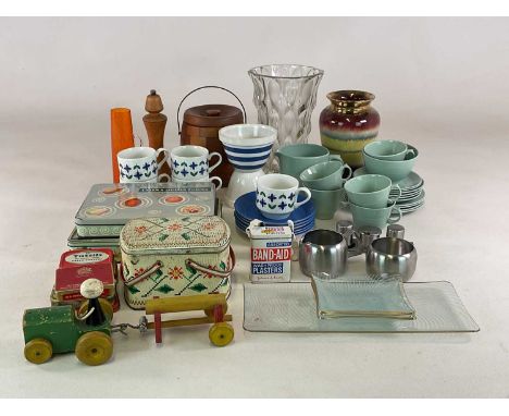 A quantity of vintage/retro items, including Midwinter, Woods ware, tins, stainless steel glass ware and other items.