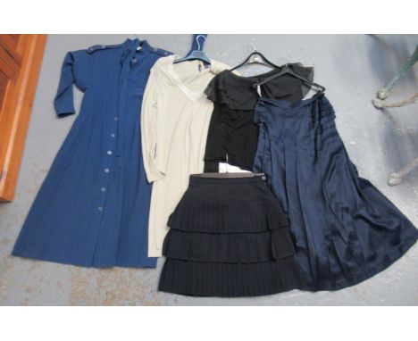 Collection of ladies Jean Muir vintage clothing to include; top with sheer collar, dress with sequin collar, a blue 80's shir