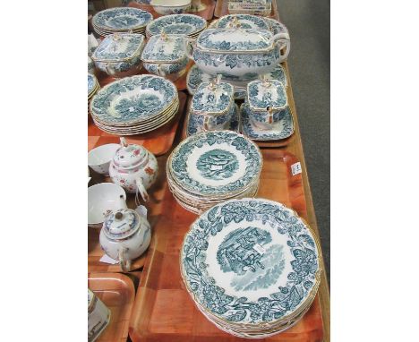 Large collection of Copeland Late Spode dinnerware with country scenes and gilt edges to include; meat plates, platters, bowl