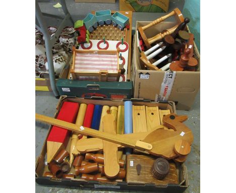 Three boxes of scratch built wooden toys and similar items to include; locomotive with carriage, ring toss game, furnishing i