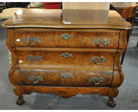 Walnut Bombay commode chest of three drawers on ball and claw feet. (B.P. 21% + VAT) dimensions - 85x43x73cm approx. Some wea