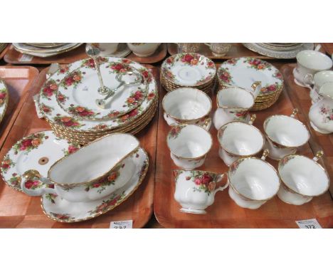 Four trays of Royal Albert 'Old Country Roses' English bone china tea and dinnerware items to include; teacups, milk jug, suc