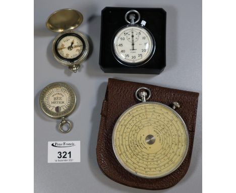 Bag of oddments to include Fowler's twelve-ten calculator, Watkin's Bee Metre, Sekonda 16 jewel stopwatch, and a pocket compa