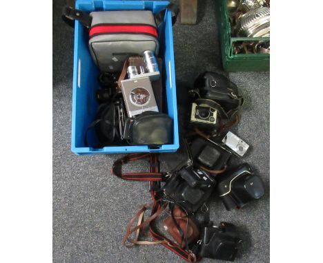 Box of assorted cameras and camera accessories to include; cased Zenit camera, Kodak Brownie 6-20 Model D, Agfa Optima camera