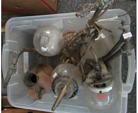 Box containing assorted light fittings and light shades, together with a brass ewer marked 'Tom Merridale Works Wolverhampton