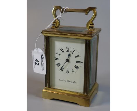 Small French gilt brass carriage clock with full depth Roman dial marked 'Swansea Goldsmiths', complete with two keys.(B.P. 2