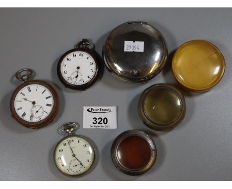 Collection of silver and other open face pocket watches, to include Cymrex, many with cases,  together with a plated snuff bo