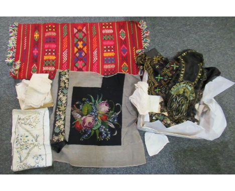Box containing various fabric offcuts and other fabric items to include; some Victorian/Edwardian embroidered work, handmade 