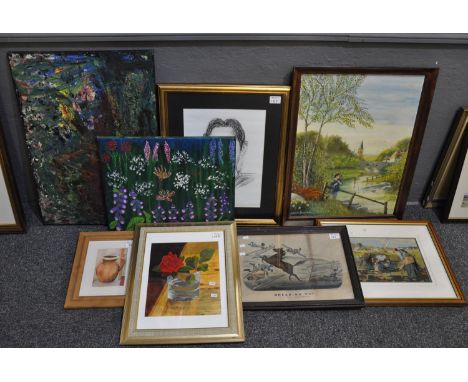 Group of assorted furnishing pictures, paintings, portrait, unframed oil paintings, framed tapestry, framed cartoon print 'Br